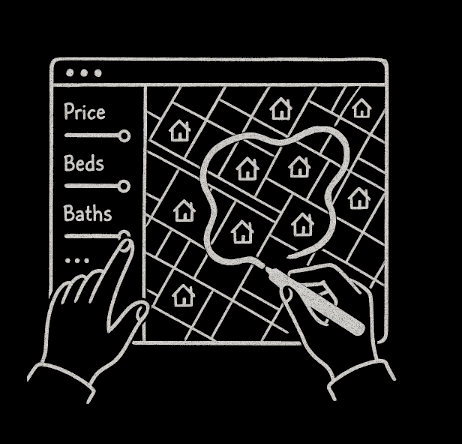 Interactive map interface showing property search